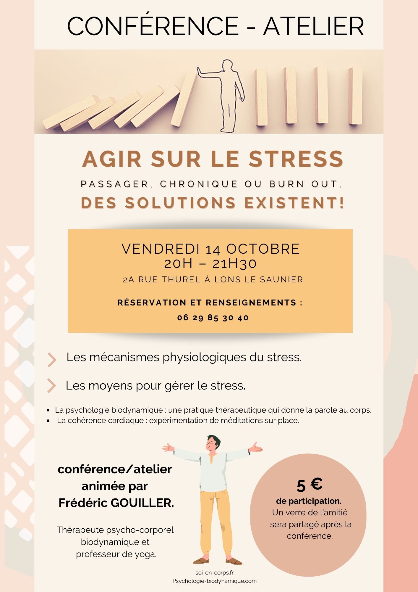 Affiche de la conférence atelier sur le stress me 14 octobre 2022 à 20h à Lons-le-saunier